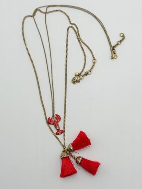 J Crew Set of 2 Red and Gold Tone Necklaces Tassels Lobster Coastal Cowgirl